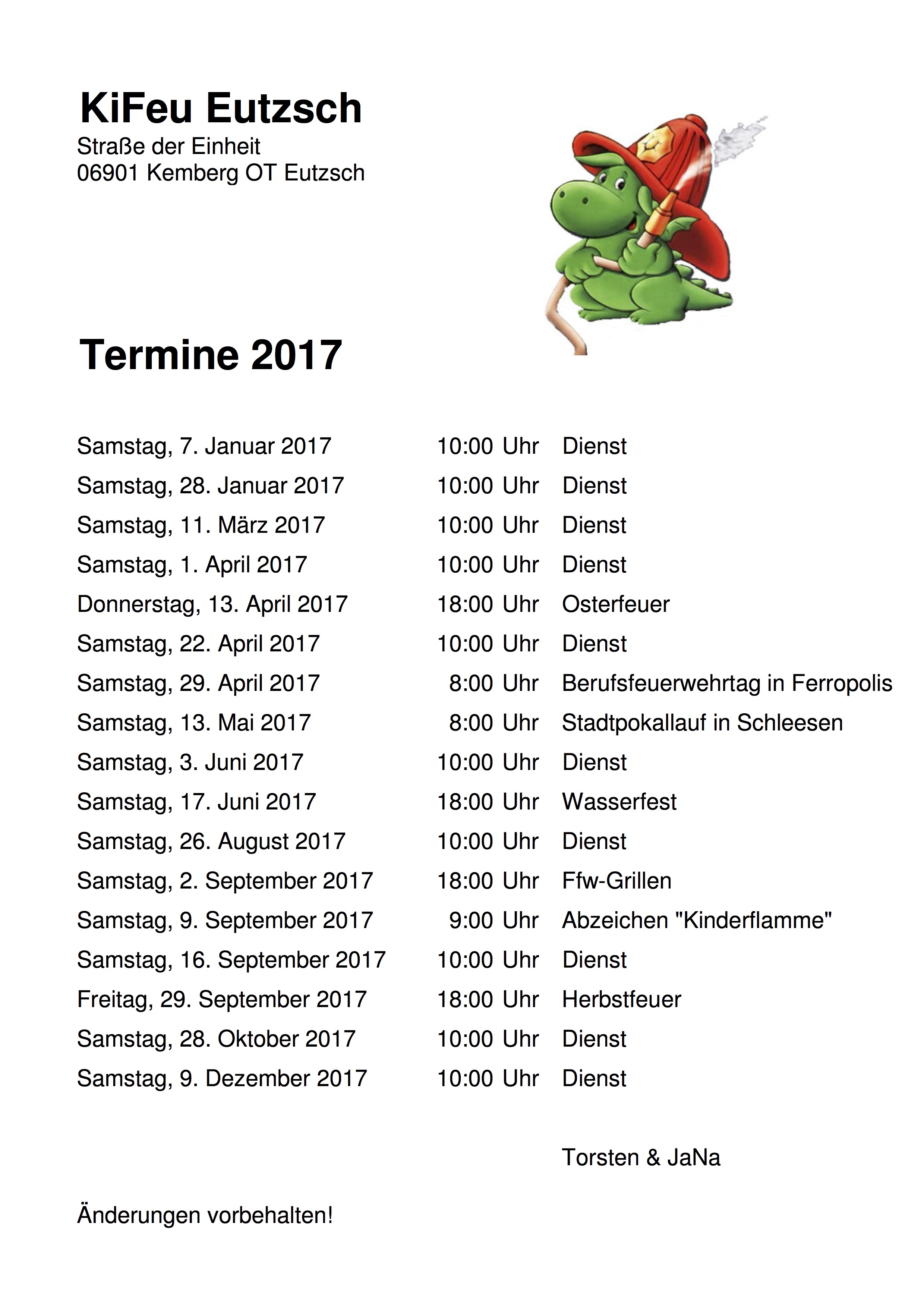 Dienstplan Kinderfeuerwehr Eutzsch 2017